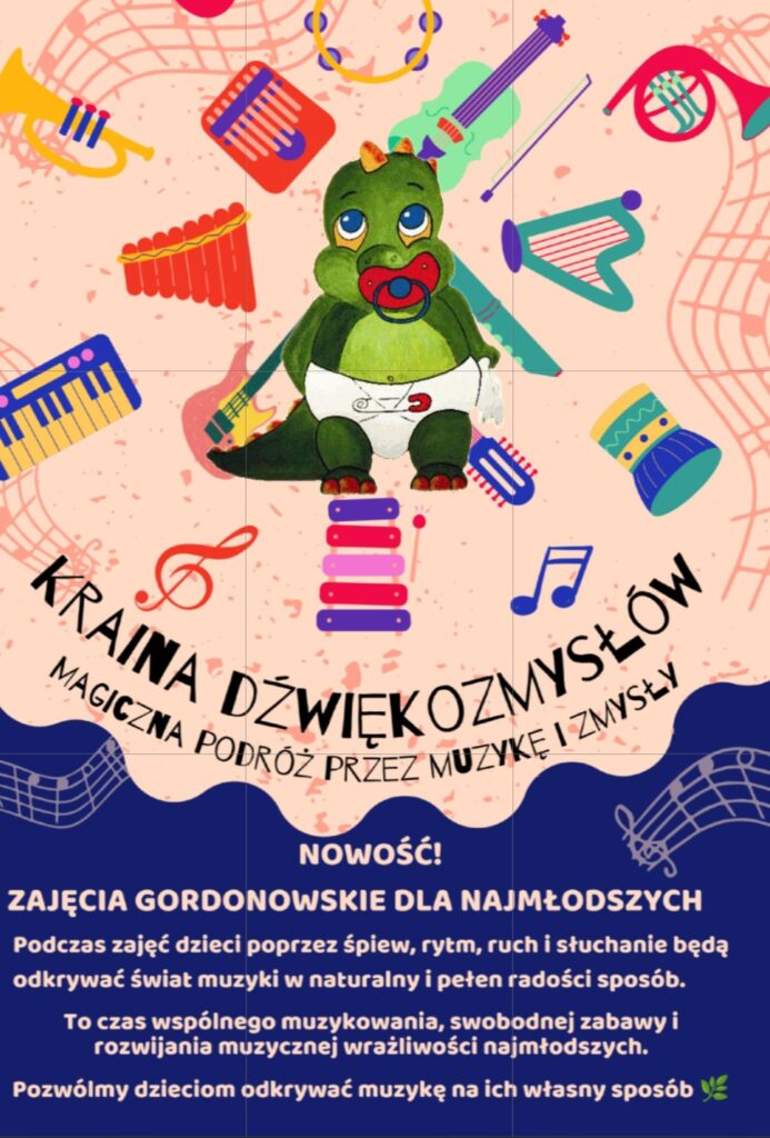 Plakat zajęć gordonkowskich Kraina Dźwiękozmysłów w Żłobku Smoczuś